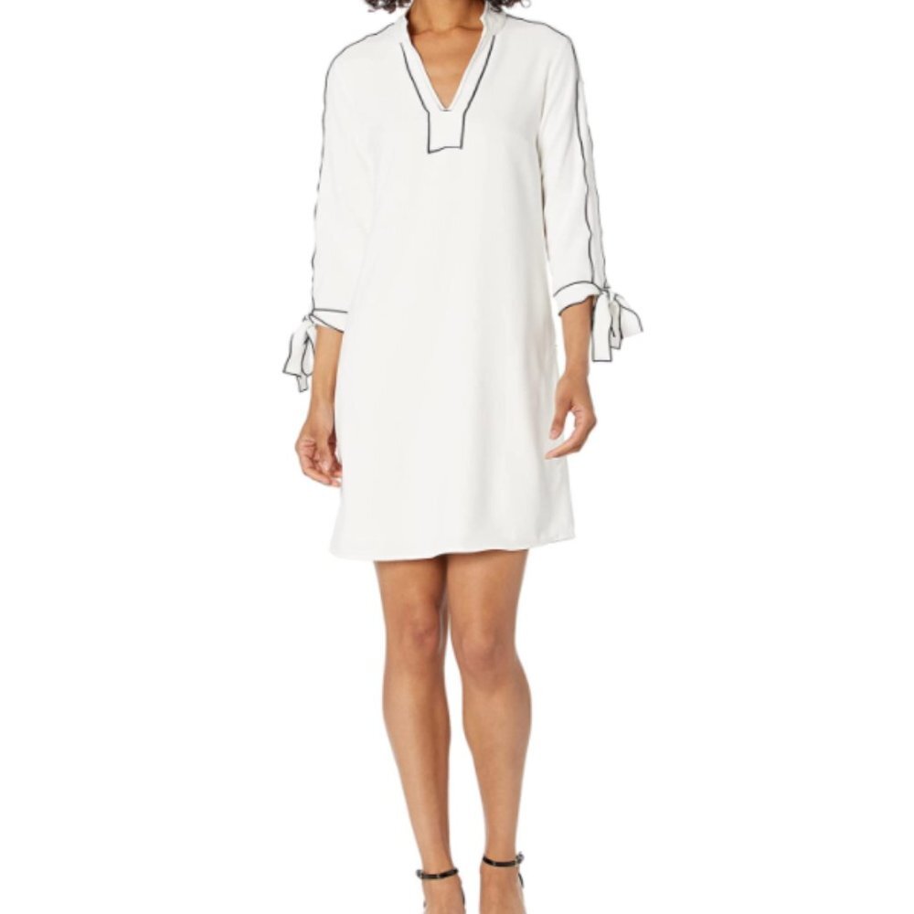Lark & Ro White Dress with Navy Blue stitching and Bow Sleeves - Sz 2